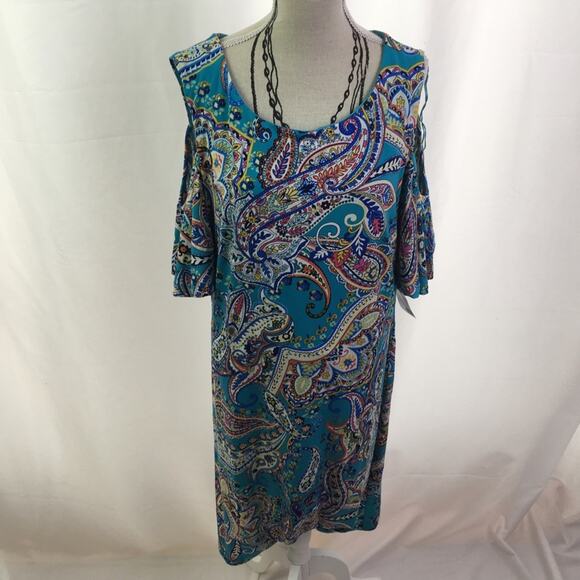 RN Studio Cold Shoulder Paisley Dress Turq Multi 6 - Picture 1 of 16
